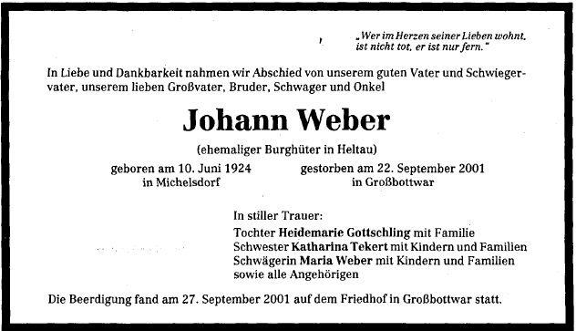 Weber Johann 1924-2001 Todesanzeige
